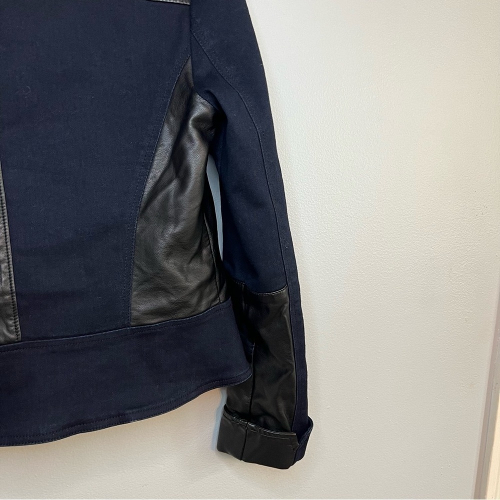 Kiind of Thalia faux leather two toned jacket Sz L Navy Black Cotton Chic City - Picture 12 of 14